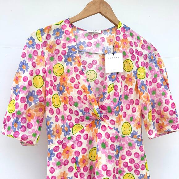 Sandro Paris Smiley Face Flower Linen Mini Dress Size 36 Small 4 Flirty Short - Picture 4 of 9